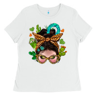 White Western  Messy Bun With Cactus Ladies Tee - BundleAndBundleShop
