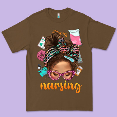 Messy Bun Nursing With Leopard Glasses Bbs Premium Tee Designed By Bundleandbundleshop