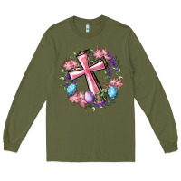 Army Green Cross With Floral Wreath And Easter Eggs Long Sleeve Tee - RanaPortraitStore