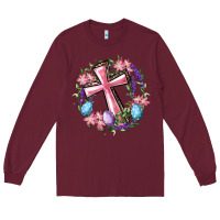 Burgundy Cross With Floral Wreath And Easter Eggs Long Sleeve Tee - RanaPortraitStore