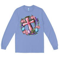 Colony Blue Cross With Floral Wreath And Easter Eggs Long Sleeve Tee - RanaPortraitStore