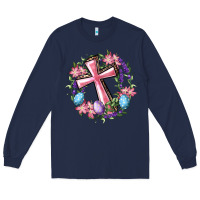 Navy Cross With Floral Wreath And Easter Eggs Long Sleeve Tee - RanaPortraitStore