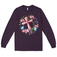 Plum Cross With Floral Wreath And Easter Eggs Long Sleeve Tee - RanaPortraitStore