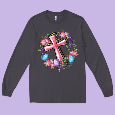 Cross With Floral Wreath And Easter Eggs Long Sleeve Tee Designed By Ranaportraitstore