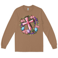 Toasted Coconut Cross With Floral Wreath And Easter Eggs Long Sleeve Tee - RanaPortraitStore