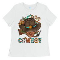 White Western Cowboy Portrait With Cactus Ladies Tee - BundleAndBundleShop