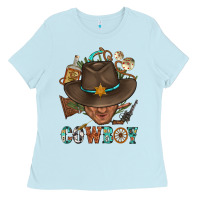Baby Blue Western Cowboy Portrait With Cactus Ladies Tee - BundleAndBundleShop