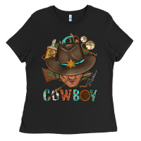 Black Western Cowboy Portrait With Cactus Ladies Tee - BundleAndBundleShop