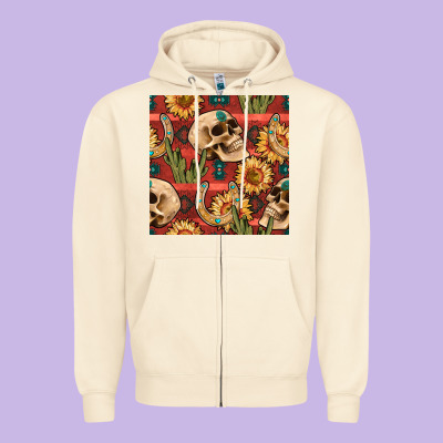 Western Skull Aztec Seamless Pattern Zipper Hoodie Designed By Bundleandbundleshop