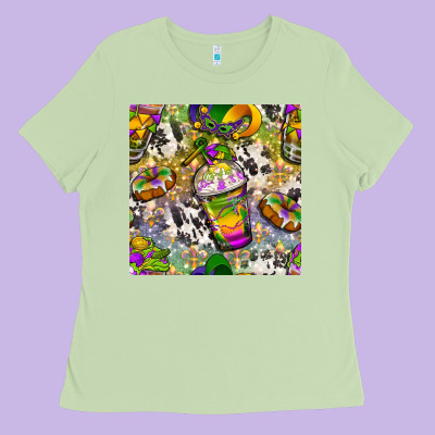 Mardi Gras Coffee Cups And Donut With Cowhide Ladies Tee Designed By Bundleandbundleshop