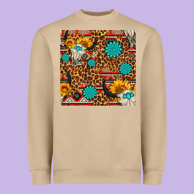 Western Aztec Bull Skull Seamless Pattern Heavyweight Sweatshirt Designed By Fadigitalartstudio