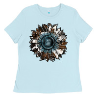 Baby Blue cowhide leopard and  leather sunflower Ladies Tee - RanaPortraitStore