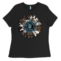Black cowhide leopard and  leather sunflower Ladies Tee - RanaPortraitStore