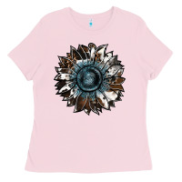 Bubblegum Pink cowhide leopard and  leather sunflower Ladies Tee - RanaPortraitStore