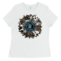 White cowhide leopard and  leather sunflower Ladies Tee - RanaPortraitStore