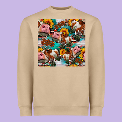 Cow With Aztec And Sunflowers Seamless Pattern Heavyweight Sweatshirt Designed By Fadigitalartstudio