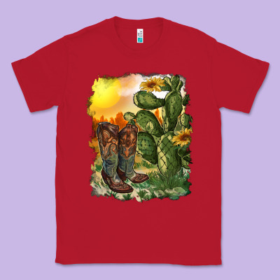 Western Boots With Cactus And Desert Classic Tee Designed By Ranaportraitstore