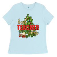 Baby Blue Best Teacher Ever With Christmas Tree Ladies Tee - BundleAndBundleShop
