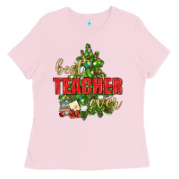 Bubblegum Pink Best Teacher Ever With Christmas Tree Ladies Tee - BundleAndBundleShop