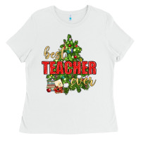 White Best Teacher Ever With Christmas Tree Ladies Tee - BundleAndBundleShop