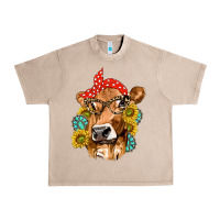 French Oak Western Cow with Sunflowers and Gemstone Urban Heavy Tee - texasbilliewilder