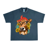 Midnight Navy Western Cow with Sunflowers and Gemstone Urban Heavy Tee - texasbilliewilder
