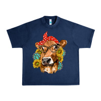 Navy Western Cow with Sunflowers and Gemstone Urban Heavy Tee - texasbilliewilder