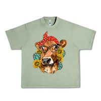 Oil Green Western Cow with Sunflowers and Gemstone Urban Heavy Tee - texasbilliewilder
