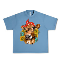 Pebble Blue Western Cow with Sunflowers and Gemstone Urban Heavy Tee - texasbilliewilder