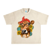 Sandshell Western Cow with Sunflowers and Gemstone Urban Heavy Tee - texasbilliewilder