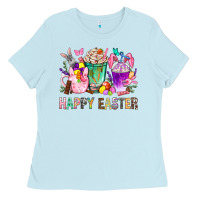 Baby Blue Happy Easter Coffee Cups With Bunny Ladies Tee - BundleAndBundleShop