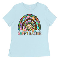 Baby Blue Happy Easter Rainbow Ladies Tee - BundleAndBundleShop