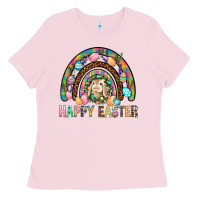 Bubblegum Pink Happy Easter Rainbow Ladies Tee - BundleAndBundleShop