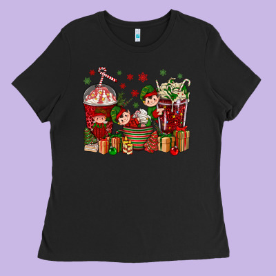 Elf Coffee Cups Christmas Ladies Tee Designed By Bundleandbundleshop