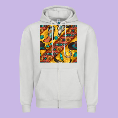 Western Cowboy Bull Skull Seamless Pattern Zipper Hoodie Designed By Bundleandbundleshop