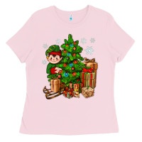 Bubblegum Pink Christmas Elf With Gift Ladies Tee - BundleAndBundleShop