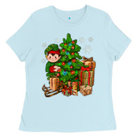 Baby Blue Christmas Elf With Gift Ladies Tee - BundleAndBundleShop