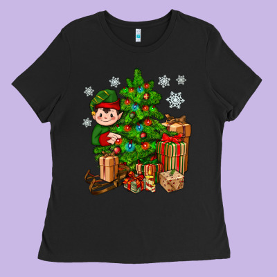 Christmas Elf With Gift Ladies Tee Designed By Bundleandbundleshop