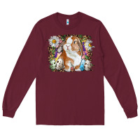 Burgundy Easter Bunny With Quail Eggs And Daisy Long Sleeve Tee - RanaPortraitStore