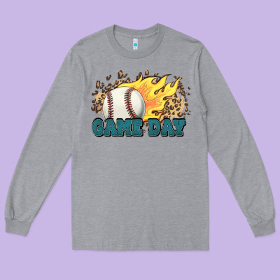 Game Day Baseball Leopard Flames Fireball Long Sleeve Tee Designed By Howdyjamesfarm