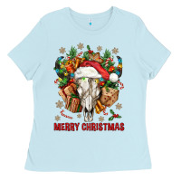 Baby Blue Merry Christmas With Bull skull Ladies Tee - BundleAndBundleShop