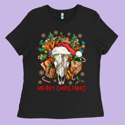 Merry Christmas With Bull Skull Ladies Tee Designed By Bundleandbundleshop