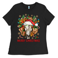 Black Merry Christmas With Bull skull Ladies Tee - BundleAndBundleShop