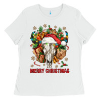 White Merry Christmas With Bull skull Ladies Tee - BundleAndBundleShop