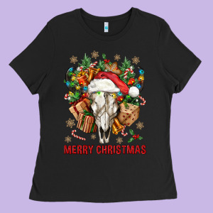 Merry Christmas With Bull Skull Ladies Tee Designed By Bundleandbundleshop