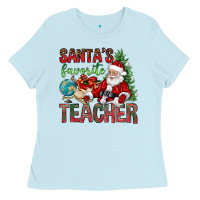 Baby Blue Santa's Favorite Teacher Ladies Tee - BundleAndBundleShop