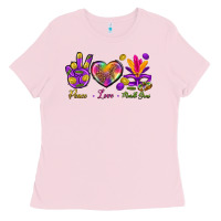 Bubblegum Pink Peace Love Mardi Gras Ladies Tee - BundleAndBundleShop