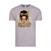 Vintage Zinc Black Hair Believe Praying Caucasian Messy Bun Vintage Tee - texasbilliewilder