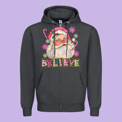 Pink Believe Santa Christmas Zipper Hoodie Designed By Fadigitalartstudio