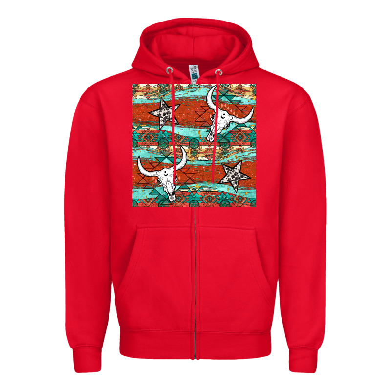 Western Aztec Bull Skull Stars Seamless Pattern Zipper Hoodie by BundleAndBundleShop | Teevron
